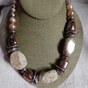 Silvertone cream brown large beaded necklace